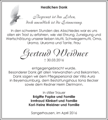 Traueranzeige von Gertrud Weidner von Super Sonntag SGH Mansf. Land