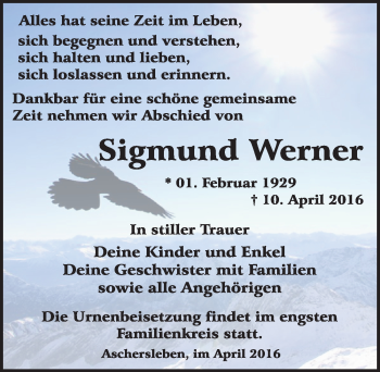 Traueranzeige von Sigmund Werner von Mitteldeutsche Zeitung Aschersleben