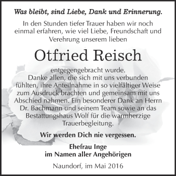 Traueranzeige von Otfried Reisch von WVG - Wochenspiegel NMB / WSF / ZTZ