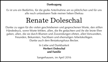Traueranzeige von Renate Doleschal von Mitteldeutsche Zeitung Sangerhausen