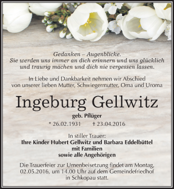 Traueranzeige von Ingeburg Gellwitz von Mitteldeutsche Zeitung Merseburg/Querfurt