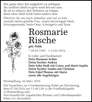 Traueranzeige von Rosmarie Rische von Super Sonntag SGH Mansf. Land