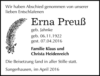 Traueranzeige von Erna Preuß von Mitteldeutsche Zeitung Sangerhausen