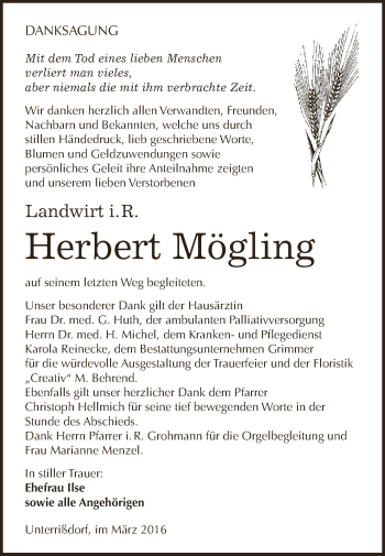 Traueranzeige von Herbert Mögling von Super Sonntag SGH Mansf. Land