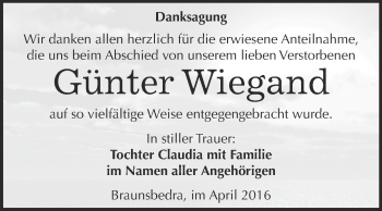 Traueranzeige von Günter Wiegand von WVG - Wochenspiegel Merseburg