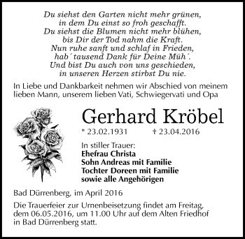 Traueranzeige von Gerhard Kröbel von Mitteldeutsche Zeitung Merseburg/Querfurt