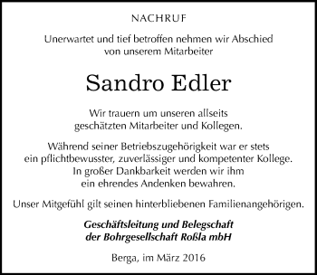 Traueranzeige von Sandro Edler von Mitteldeutsche Zeitung Sangerhausen