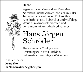 Traueranzeige von Hans Jörgen Schröder von Mitteldeutsche Zeitung Weißenfels