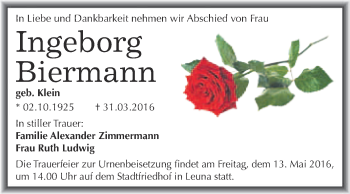 Traueranzeige von Ingeborg Biermann von WVG - Wochenspiegel Merseburg