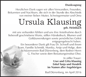 Traueranzeige von Ursula Klausing von Super Sonntag Merseburg