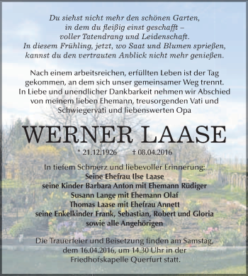 Traueranzeige von Werner Laase von WVG - Wochenspiegel Merseburg