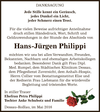 Traueranzeige von Hans-Jürgen Philippi von WVG - Wochenspiegel Dessau / Köthen