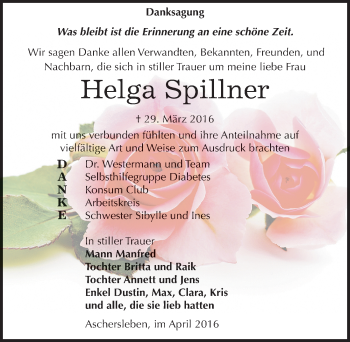 Traueranzeige von Helga Spillner von Mitteldeutsche Zeitung Aschersleben