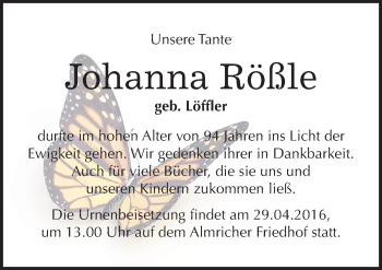 Traueranzeige von Johanna Rößle von Mitteldeutsche Zeitung Naumburg/Nebra