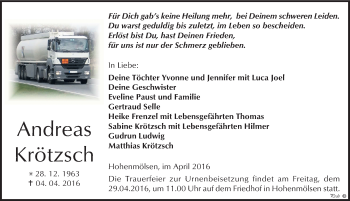 Traueranzeige von Andreas Krötzsch von Mitteldeutsche Zeitung Weißenfels