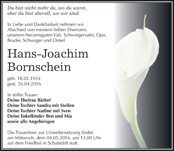 Traueranzeige von Hans-Joachim Bornschein von Mitteldeutsche Zeitung Merseburg/Querfurt