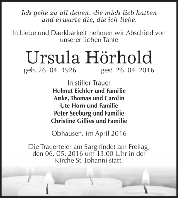 Traueranzeige von Ursula Hörhold von WVG - Wochenspiegel Merseburg