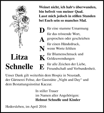 Traueranzeige von Litza Schnelle von Mitteldeutsche Zeitung Quedlinburg