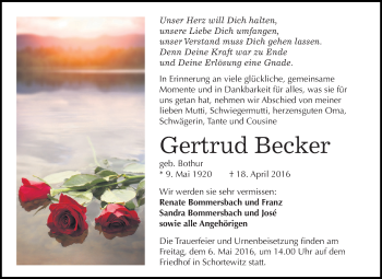 Traueranzeige von Gertrud Becker von WVG - Wochenspiegel Dessau / Köthen