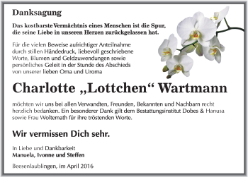 Traueranzeige von Charlotte Wartmann von Mitteldeutsche Zeitung Bernburg