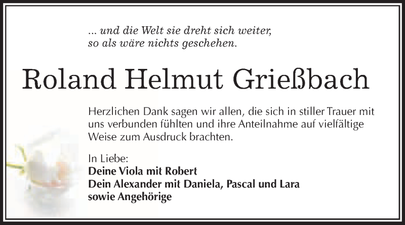 Traueranzeige für Roland Helmut Grießbach vom 30.04.2016 aus WVG - Wochenspiegel Merseburg