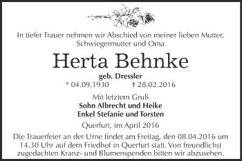 Traueranzeige von Herta Behnke von WVG - Wochenspiegel Merseburg