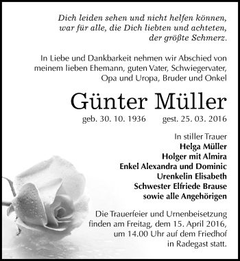 Traueranzeige von Günter Müller von Mitteldeutsche Zeitung Köthen