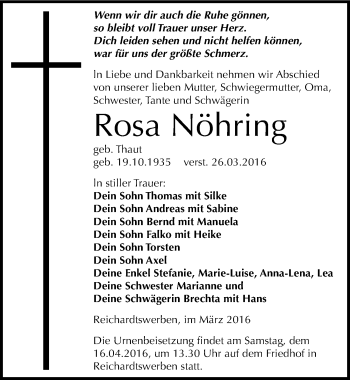 Traueranzeige von Rosa Nöhring von Mitteldeutsche Zeitung Weißenfels