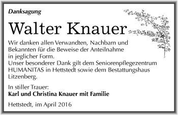 Traueranzeige von Walter Knauer von Mitteldeutsche Zeitung Mansfelder Land