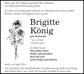 Traueranzeige von Brigitte König von Super Sonntag SGH Mansf. Land