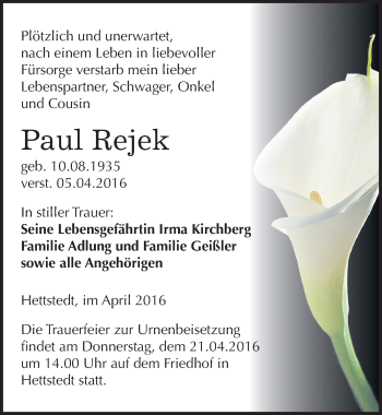 Traueranzeige von Paul Rejek von Mitteldeutsche Zeitung Mansfelder Land