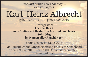 Traueranzeige von Karl-Heinz Albrecht von Mitteldeutsche Zeitung Merseburg/Querfurt