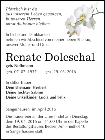 Traueranzeige von Renate Doleschal von Super Sonntag SGH Mansf. Land