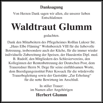 Traueranzeige von Waldtraut Glumm von Super Sonntag Dessau / Köthen