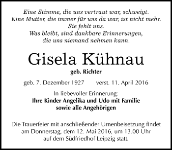 Traueranzeige von Gisela Kühnau von Mitteldeutsche Zeitung Merseburg/Querfurt