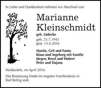 Traueranzeige von Marianne Kleinschmidt von Mitteldeutsche Zeitung Weißenfels