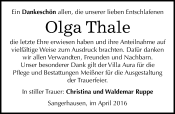Traueranzeige von Olga Thale von Mitteldeutsche Zeitung Sangerhausen