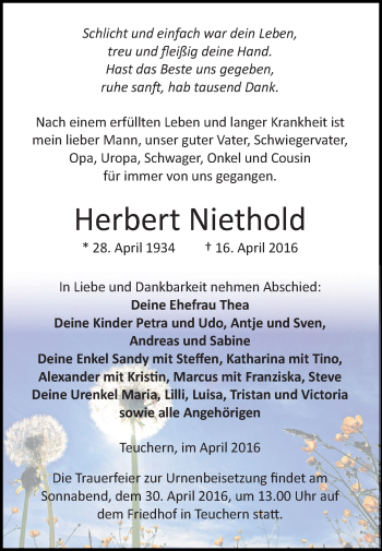 Traueranzeige von Herbert Niethold von WVG - Wochenspiegel NMB / WSF / ZTZ