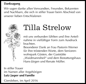 Traueranzeige von Tilla Strelow von Mitteldeutsche Zeitung Aschersleben