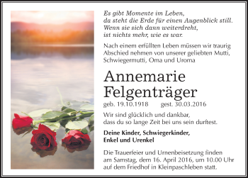 Traueranzeige von Annemarie Felgenträger von Mitteldeutsche Zeitung Köthen