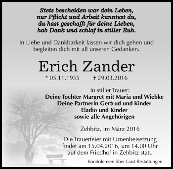 Traueranzeige von Erich Zander von Mitteldeutsche Zeitung Köthen