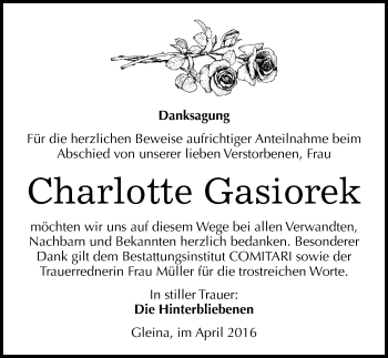 Traueranzeige von Charlotte Gasiorek von Mitteldeutsche Zeitung Zeitz