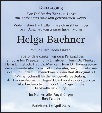 Traueranzeige von Helga Bachner von WVG - Wochenspiegel Quedlinburg