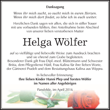 Traueranzeige von Helga Wölfer von WVG - Wochenspiegel Quedlinburg