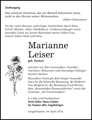 Traueranzeige von Marianne Leiser von Mitteldeutsche Zeitung Sangerhausen