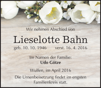 Traueranzeige von Lieselotte Bahn von Mitteldeutsche Zeitung Köthen