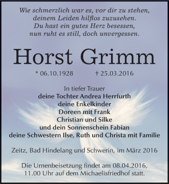 Traueranzeige von Horst Grimm von Mitteldeutsche Zeitung Zeitz