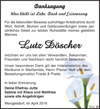 Traueranzeige von Lutz Döscher von Mitteldeutsche Zeitung Weißenfels