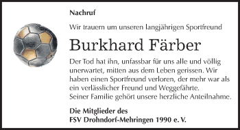 Traueranzeige von Burkhard Färber von Mitteldeutsche Zeitung Aschersleben