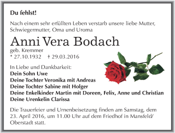 Traueranzeige von Anni Vera Bodach von Mitteldeutsche Zeitung Mansfelder Land